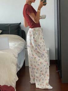 DAZY 2件套女士草莓印花宽松裤和纯色短袖睡衣套装 - 酒紅色 - 查看 2