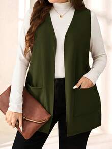EMERY ROSE Plus Size Solid Color Sleeveless Loose Pocket Simple Casual Jacket,Spring/Summer,Summer,Vacation Woman / Vacation/Winter - Army Green - View 1