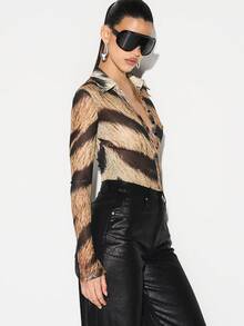 KIZN Long Sleeve Mesh Animal Print Collared Bodysuit With Button Front Closure