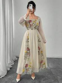 Modelyn Elegant Floral Embroidery Patchwork Plus Size Women Crew Neck Long Sleeve Dress - Yellow - View 5