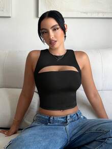 SHEIN SXY Women Solid Color Hollow Out Short Ribbed Slim Fit Tank Top - Multicolor - View 13