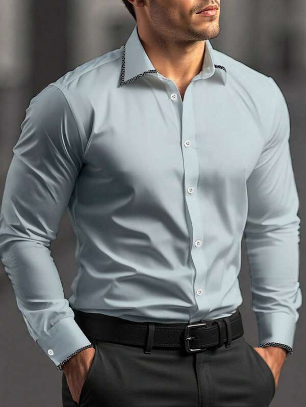 Manfinity Mode Plus Size Men's Patchwork Plaid Long Sleeve Single-Breasted Casual/Business Shirt