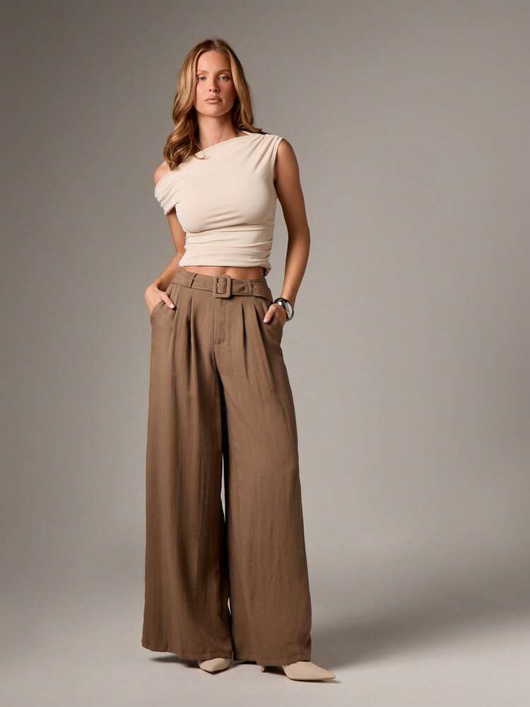 AiiRZ High Waisted Belted Wide Leg Palazzo Trousers With Pleated Design For Women Office Workwear