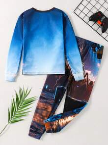 SHEIN 2 件套青少年男孩舒适机器人印花圆领长袖 T 恤和裤子柔软舒适睡衣套装 - 黑色 - 查看 3