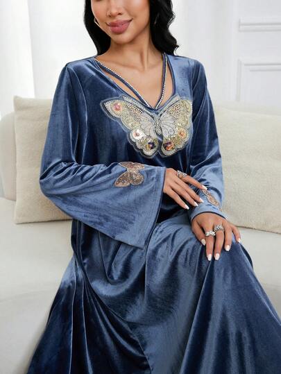 Al Najma 女式蝙蝠袖蝴蝶装饰宽松长款优雅阿拉伯连衣裙