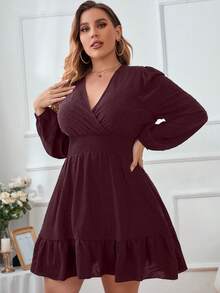 Modelyn 大码女式纯色重叠褶皱灯笼袖收腰休闲连衣裙 - 中紫紅色 - 查看 4