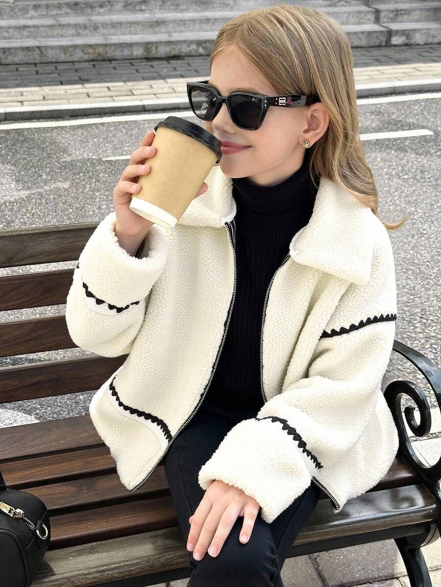 SHEIN Serisse Kids Giacca oversize in pile teddy con colletto e bordi a contrasto, stile casual da strada per ragazze pre-adolescenti, adatta per l'autunno/inverno - Bianco - Visualizzare 1