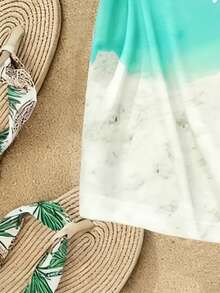 女士无袖圆领渐变海龟和沙滩印花休闲背心，适合夏季度假 - 淺藍色 - 查看 3