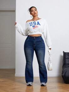 SHEIN ICON Quần Jeans Ống Loe Co Giãn Ôm Sát Cỡ Lớn - Rửa tối - Xem 5