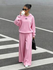 Muchica 女士休闲宽松保暖连帽衫和运动裤套装，粉色，秋冬季，舒适秋冬女装 - 粉色 - 查看 4