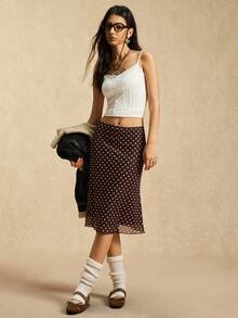 Easelle Coffee Brown Polka Dot Mesh Skirt, Midi Skirt, Brown Mesh, Retro Casual Style, 2025 Autumn/Winter. - Coffee Brown - View 4