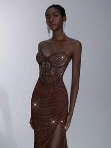 Elitara Váy maxi dài xẻ cao dáng đuôi cá, xẻ tà bất đối xứng, không dây, màu xanh da trời thanh lịch, trang trí cầu kỳ, thích hợp cho các buổi hẹn hò, kỳ nghỉ, sinh nhật, tốt nghiệp, đám cưới và sự kiện trang trọng - Cà phê nâu - Xem 4