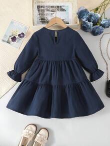 SHEIN Young Girl Solid Round Neck Puff Sleeve Fitted Casual Cake A-Line Dress,Autumn Winter - Navy Blue - View 7