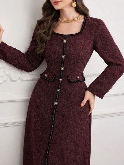 Modelyn Square Neck Color Block Ribbon Decor Button Waist Dress, Plus Size Evening Gown