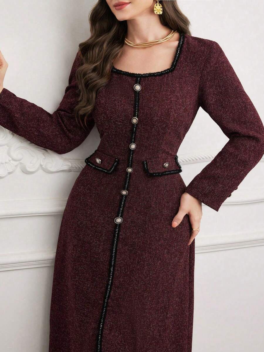 Modelyn Square Neck Color Block Ribbon Decor Button Waist Dress, Plus Size Evening Gown - Burgundy - View 1