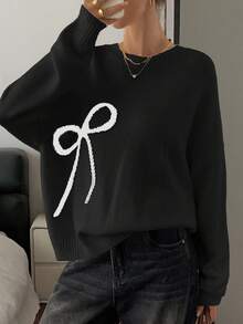 DAZY Cream-White Bow Knitted Sweater For Women, Loose Vintage Style, Autumn/Winter - Black - View 2