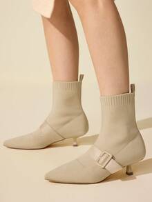 CUCCOO BASICS 女式尖头小猫跟踝靴，米色针织面料，水钻装饰，舒适透气弹力时尚短靴 - 杏色 - 查看 4
