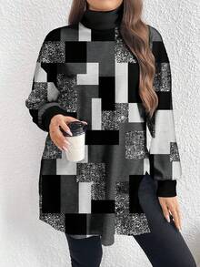 EMERY ROSE Plus Size Colorblock Geometric Pattern Turtleneck Long T-Shirt, Spring/Autumn - Multicolor - View 1
