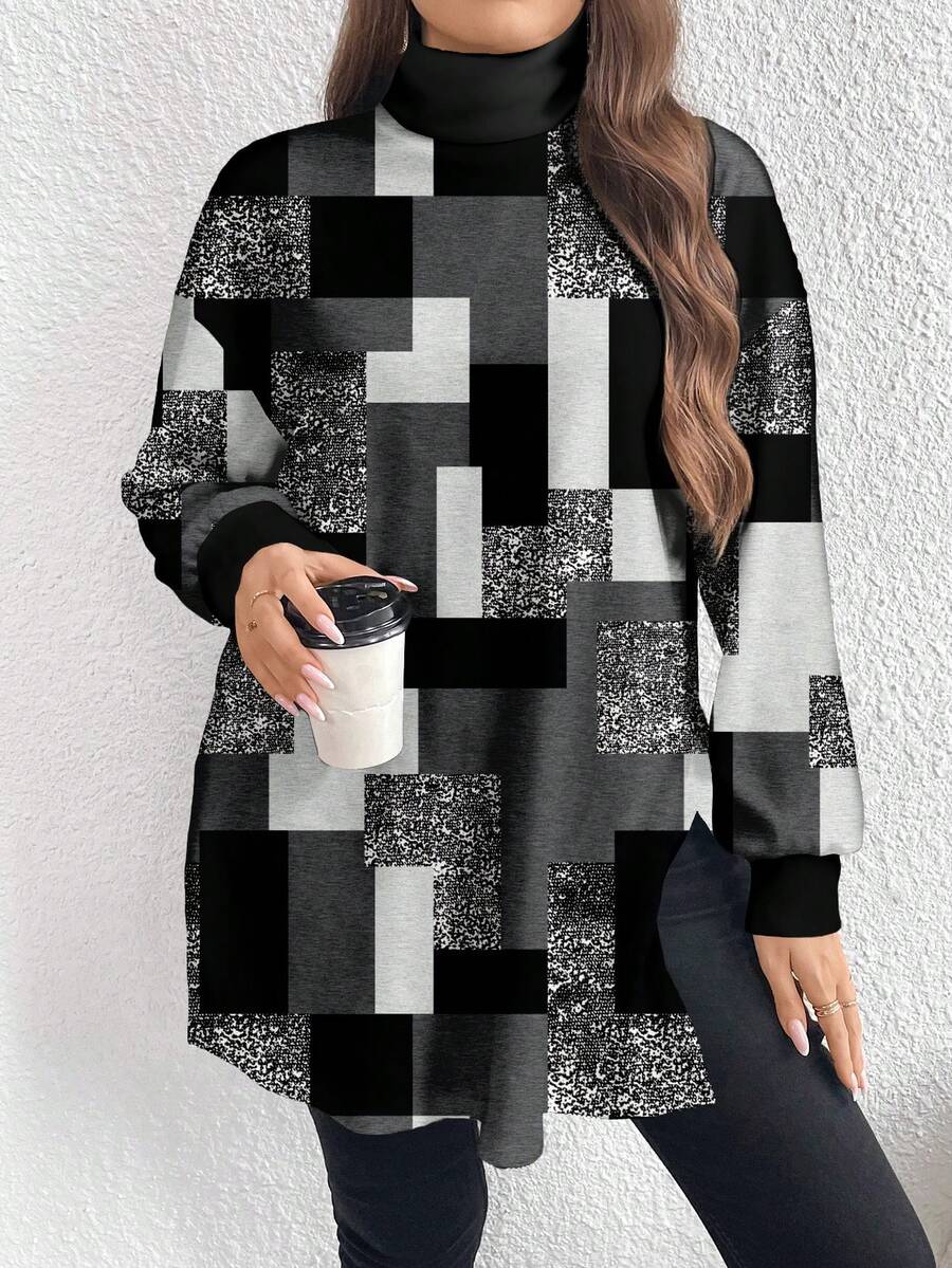 EMERY ROSE Plus Size Colorblock Geometric Pattern Turtleneck Long T-Shirt, Spring/Autumn - Multicolor - View 1