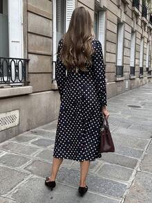 Pariaura Women's Autumn Mid-Length Waist Cinched Polka Dot V-Neck Casual Dress