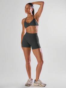 Musera Sport Solid Ruched Bust Open Back Halter Sports Bra , Active Comfy Workout Gym Running Run Club Gym Yoga Pilates Fitness Daily Casual - Dark Grey - View 5
