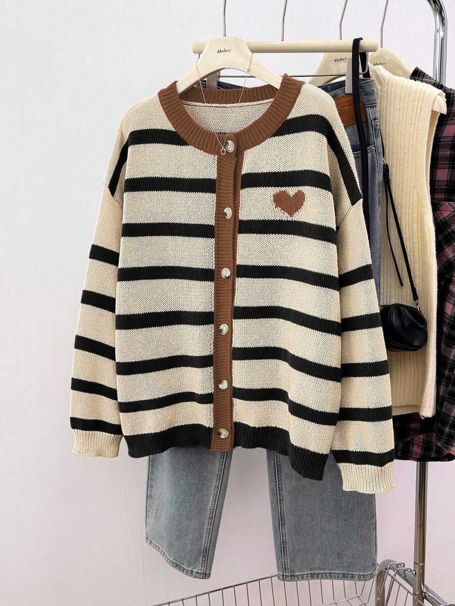 Calvaya Plus Size Striped Heart Embroidered Cardigan, Valentine's Day - Rust Brown - View 1