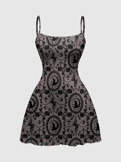 Robe mini à imprimé intégral gothique chat palais croix rose soleil lune étoile pour femmes