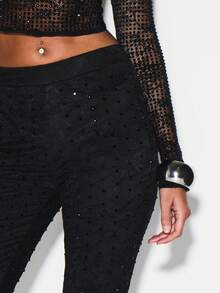 KIZN Sequined Lace Capri Leggings For Evening Party Club Outfits Dressy Occasion Wear - Black - View 4