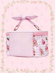 Strawberry Shortcake | ROMWE Women's Cute Cartoon Pattern Padded Bow Handheld Portable Cosmetic Bag - Pink - View 3