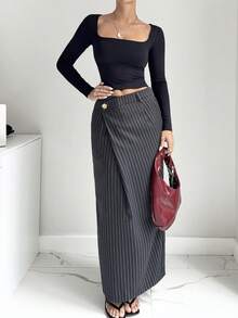 Siren Gaze 女士休闲通勤条纹单扣直筒裙 - 深灰色 - 查看 1