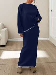 EURMUSE Women Stitch Detailed Round Neck Drop Shoulder Pullover & Sweater Skirt Set - Navy Blue - View 7