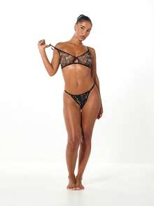 SUMWON WOMEN Camouflage Mesh Lace Bralette And Thong Set Intimates Lingerie