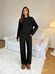 SHEIN Tall Women's Solid Black Knitted Homewear Set, Suitable For Autumn/Winter, Premium Version For Tall,Fall,Fall Clothes For Women - Black - View 6