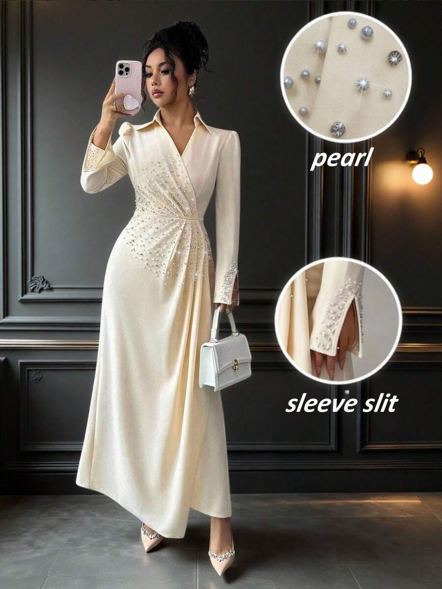 Elenzga 珍珠装饰优雅浪漫修身腰部 A 字形长袖开衩领女式连衣裙 - 杏色 - 查看 1