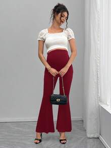 SHEIN 孕妇高腰时尚裤，带腹部支撑，喇叭腿 - 酒紅色 - 查看 5