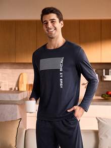 Manfinity Underwear&Sleepwear Basics Men's Letter & Striped Crew Neck Long Sleeve Top And Pants Pajama Set Fall Winter Clothes - Navy Blue - View 4