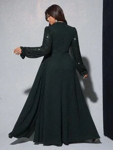 Viva Relle 大码女式优雅亮片装饰长袖高腰喇叭裙，适合宴会、派对、婚礼宾客、新年、圣诞节 - 黑色 - 查看 2