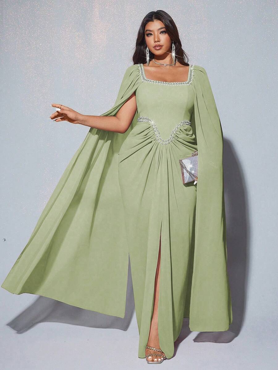 Viva Relle Đầm maxi dài tay bồng bềnh, sang trọng, lãng mạn, dự tiệc, tiệc cưới, tiệc tùng cỡ lớn dành cho nữ, cổ tròn, chất liệu voan chiffon, họa tiết kim cương (Đính hạt ngẫu nhiên) - màu xanh lá - Xem 1