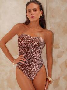 Swim Chiccia Women's 2-Piece Set, Spring/Summer Chain Cycle Print, Elegant Ruched Design Camisole & Bikini Top - Brown - View 4