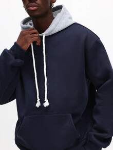 SUMWON Color Block Pullover Hoodie With Contrast Grey Hood And Drawstring Pockets Long Sleeve Casual Streetwear Winter Plain - Blue - View 4