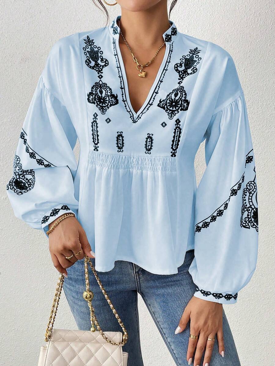 EMERY ROSE 女式褶皱图案印花长袖纽扣衬衫荷叶边上衣 - 藍色 - 查看 1