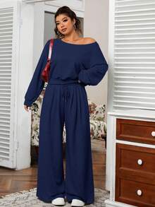 SHEIN EZwear 大码女式休闲日常通勤简约纯色不对称领口落肩宽松卫衣搭配抽绳腰阔腿运动裤套装，春秋季