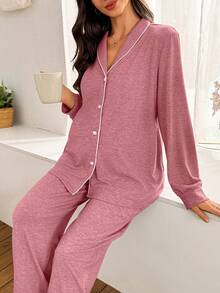 Moonlight&Mama Bộ đồ ngủ 2 món thoải mái, tay dài cổ viền tương phản Moonlight & Mama dành cho nữ, mùa đông - Đỏ - Xem 5