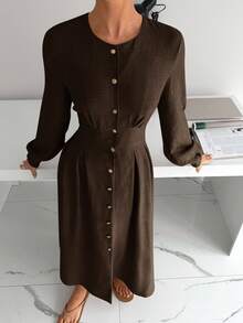 Siren Gaze Women's Solid Color Round Neck Lantern Sleeve Single-Breasted Elegant Long Dress Winter Party Brown Evening Dress Spring - Brown - View 3
