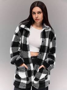 Sparklyn 少女休闲秋冬经典黑白格子毛绒宽松衬衫风格学院风夹克 - 黑與白 - 查看 5