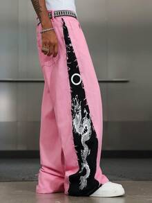 Manfinity EMRG Quần jean ống rộng họa tiết rồng Trung Hoa chắp vá cho nam, viền tua rua, túi hộp - Nhiều màu - Xem 5