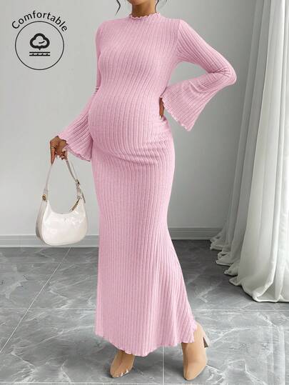 SHEIN Elegant Maternity Solid Color Bell Sleeve Dress For Commuting Maternity Dress Pink Maternity Two Piece Sets Knit Maxi Dress Long Pink Dress Women Pregnancy Dress For Photoshoot