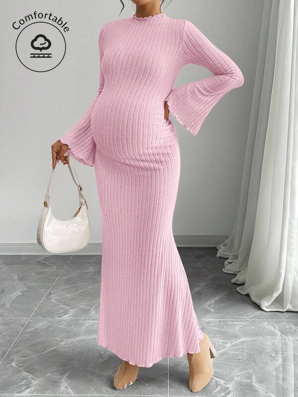 SHEIN Elegant Maternity Solid Color Bell Sleeve Dress For Commuting Maternity Dress Pink Maternity Two Piece Sets Knit Maxi Dress Long Pink Dress Women Pregnancy Dress For Photoshoot