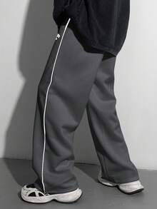 SHEIN 青少年男童宽松直筒裤，撞色黑色饰边，秋冬百搭，适合上学、居家、日常穿着、运动、生日派对、郊游，百搭、简约、复古 - 深灰色 - 查看 2