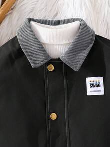 SHEIN 一件男童休闲学院风百搭撞色开襟长袖外套，适合通勤、上学、日常休闲、学院风、返校、校服、幼儿园、生日派对、晚宴、婚礼、洗礼、开学典礼、上学、旅行、运动、秋冬季穿着。 - 黑色 - 查看 4